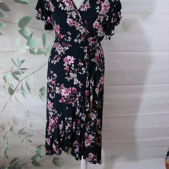 Black Pink Floral Ruffle Wrap Dress Chelsea & Violet Large Cottagecore Romantic - Picture 2 of 16